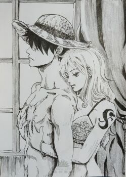 1boy 1girl absurdres black_hair bra bracelet chest_tattoo closed_mouth commentary_request covered_eyes curtains earrings facial_scar greyscale hair_over_eyes hand_on_another's_chest hat highres hug hug_from_behind indoors jewelry lingerie long_hair monkey_d._luffy monochrome nami_(one_piece) no_shirt one_piece phis3347qq scar scar_on_cheek scar_on_chest scar_on_face short_hair shoulder_tattoo sketch standing straw_hat tattoo topless_male underwear window
