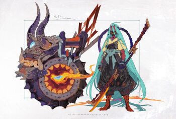 Rule 34 | absurdly long hair, aqua hair, colored skin, demon girl, fire, full body, highres, holding, holding polearm, holding weapon, horns, loiza, long hair, motor vehicle, motorcycle, motorized unicycle, naginata, oni, original, polearm, portaly, red skin, very long hair, weapon, white background