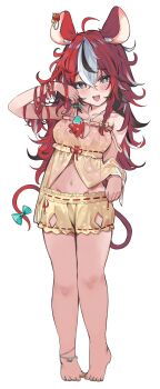 1girl :d absurdres animal animal_ear_fluff animal_ears anklet appleseed_(appleseed_art) babydoll bad_feet barefoot black_hair blue_eyes breasts cleavage front_slit full_body hakos_baelz hakos_baelz_(strawberry_onesie) highres holding holding_animal hololive hololive_english jewelry long_hair looking_at_viewer messy_hair mouse_ears mouse_girl mouse_tail mr._squeaks_(hakos_baelz) multicolored_hair navel necklace official_alternate_costume official_alternate_hairstyle open_mouth pink_babydoll polka_dot polka_dot_babydoll polka_dot_shorts red_hair sharp_teeth shorts simple_background sleepwear smile solo straight-on streaked_hair tail teeth upper_teeth_only virtual_youtuber white_background white_hair yellow_babydoll