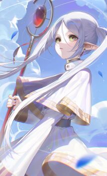 Rule 34 | 1girl, absurdres, capelet, closed mouth, earrings, elf, eskm00, frieren, green eyes, hashtag-only commentary, highres, holding, holding staff, jewelry, long hair, long sleeves, mage staff, pointy ears, sharp teeth, solo, sousou no frieren, staff, teardrop earrings, teeth, twintails, white capelet, white hair