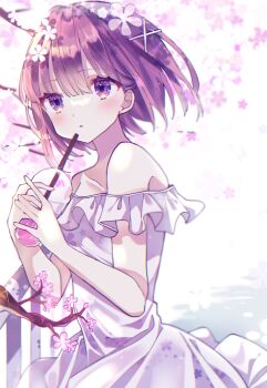Rule 34 | 1girl, blush, brown hair, cherry blossoms, commentary, cup, disposable cup, dress, drinking straw, flower, hair flower, hair ornament, hairclip, highres, holding, holding cup, looking ahead, off-shoulder dress, off shoulder, original, parted lips, purple eyes, short hair, solo, suisei 1121, symbol-only commentary, x hair ornament