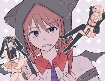 Rule 34 | 3girls, animal ear headwear, awa subaru, black hair, black hat, black thighhighs, blush, brown hair, commentary request, crop top, crossed legs, fake animal ears, girls band cry, grcr pometa1118, hat, highres, iseri nina, kawaragi momoka, long hair, low twintails, multicolored hair, multiple girls, open mouth, roots (hair), short hair, short twintails, single sleeve, thigh strap, thighhighs, twintails