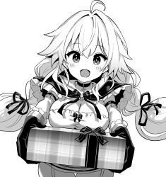 Rule 34 | 1girl, ahoge, azur lane, azur lane: slow ahead, black gloves, box, breasts, choker, cleavage, cross, cross choker, cross earrings, dress, earrings, frilled dress, frills, garter straps, gloves, greyscale, hands up, holding, holding box, hori (hori no su), jewelry, large breasts, le temeraire (azur lane), long hair, low twintails, monochrome, official art, open mouth, simple background, solo, twintails, very long hair, white background