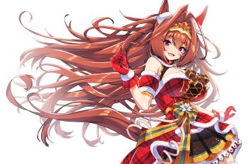 1girl absurdres animal_ears arm_garter black_skirt blush braid breasts brown_hair christmas cleavage commentary_request daiwa_scarlet_(scarlet_nuit_etoile)_(umamusume) daiwa_scarlet_(umamusume) dress ear_covers fang fur-trimmed_dress fur-trimmed_gloves fur_armlet fur_trim gloves hair_between_eyes hair_intakes highres horse_ears horse_girl kurokawa_heuy large_breasts long_hair looking_at_viewer official_alternate_costume official_alternate_hairstyle open_mouth plaid_clothes plaid_dress plaid_sleeves red_dress red_eyes red_gloves santa_costume santa_dress simple_background single_ear_cover skirt smile solo thighhighs tiara umamusume very_long_hair white_background white_thighhighs