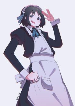 1girl :d apron arashiyama_hotori black_dress black_hair blue_ribbon brown_eyes dress highres juliet_sleeves long_sleeves looking_at_viewer maid maid_apron maid_headdress mull_eru open_mouth puffy_sleeves ribbon short_hair simple_background smile soredemo_machi_wa_mawatteiru twitter_username white_apron white_background white_wrist_cuffs wrist_cuffs