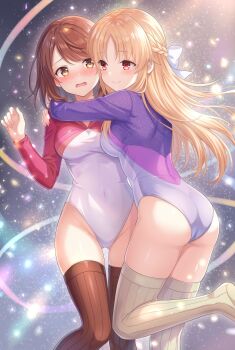 2girls ass athletic_leotard blonde_hair braid brown_eyes brown_hair brown_thighhighs commentary_request commission covered_navel girlfriend_(kari) half_up_braid highleg highleg_leotard highres hug leotard long_hair multicolored_leotard multiple_girls netarou_(shinra) pixiv_commission red_eyes sasahara_nonoka shina_kokomi short_hair thighhighs white_leotard white_thighhighs