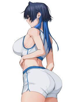 1girl alternate_costume ass black_hair blue_eyes blue_hair blue_trim breasts commentary dolphin_shorts earrings from_behind from_side gradient_hair hair_behind_ear hair_intakes highres hololive hololive_english huge_ass jewelry large_breasts long_hair looking_ahead midriff multicolored_hair ouro_kronii shorts sideboob simple_background solo sports_bra sportswear virtual_youtuber white_background white_shorts white_sports_bra yuutomeh