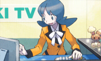 Rule 34 | 1girl, blue eyes, blue hair, buneary, computer, doll, felicity (pokemon), formal clothes, gen 4 pokemon, highres, nintendo, official art, pokemon, pokemon dppt, pokemon tcg, ribbon, tagme, third-party source, white ribbon