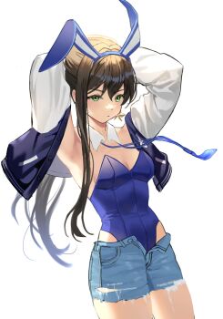 Rule 34 | 1girl, animal ears, armpits, arms behind head, arms up, bare shoulders, black hair, blue jacket, blue leotard, blue shorts, breasts, commission, cowboy shot, cutoffs, denim, denim shorts, detached collar, fake animal ears, green eyes, hairband, highleg, highleg leotard, highres, jacket, leotard, long hair, long sleeves, looking at viewer, obu (da1103ll), off shoulder, open clothes, open fly, open jacket, original, playboy bunny, ponytail, rabbit ears, short shorts, shorts, sidelocks, simple background, small breasts, solo, standing, strapless, strapless leotard, white background