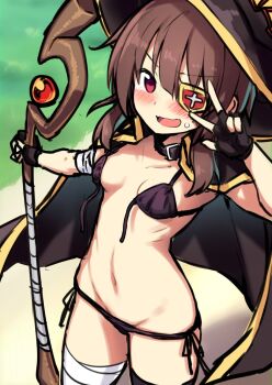 1girl :d bandages bikini black_bikini blush breasts brown_hair cape choker cowboy_shot eyepatch female_focus fingerless_gloves gloves groin hat highres hip_focus hiraga_matsuri kono_subarashii_sekai_ni_shukufuku_wo! looking_at_viewer lowleg lowleg_bikini megumin navel open_mouth red_eyes side-tie_bikini_bottom single_thighhigh small_breasts smile solo staff stomach sweatdrop swimsuit thighhighs v wavy_mouth wizard_hat