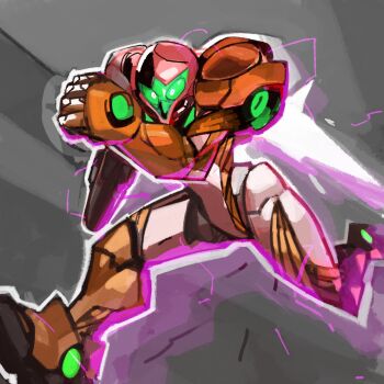 Rule 34 | 1girl, 33dot, arm cannon, armor, assault visor, full armor, glowing, green visor, highres, metroid, metroid dread, multicolored armor, nintendo, power armor, power suit (metroid), running, samus aran, varia suit, weapon