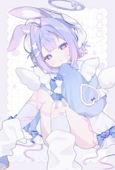 1girl :o absurdres animal_ears bandaid bandaid_on_knee bandaid_on_leg blue_bow blue_eyes blue_hair blue_halo blue_shirt blush borrowed_character bow commentary commission dot_nose double-parted_bangs feet_out_of_frame gradient_hair hair_intakes halo highres itetenoi kneehighs long_sleeves looking_at_viewer melting_halo miniskirt multicolored_hair open_mouth original pink_hair pink_skirt pleated_skirt rabbit_ears rabbit_girl shirt short_hair sitting skeb_commission skirt sleeves_past_fingers sleeves_past_wrists socks solo symbol-shaped_pupils two-tone_hair white_background white_socks x-shaped_pupils