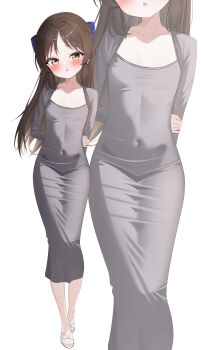 1girl :o absurdres arms_behind_back blush bow brown_eyes brown_hair collarbone covered_navel dongtan_dress dress fella_(vpffk0731) hair_bow highres idolmaster idolmaster_cinderella_girls loli long_hair looking_at_viewer multiple_views sandals simple_background tachibana_arisu white_background zoom_layer