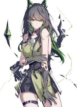 1girl absurdres arknights artist_name bare_arms bare_shoulders belt black_hair closed_mouth colored_inner_hair commentary cowboy_shot cowlick dress english_commentary green_dress green_eyes green_hair highres long_hair looking_at_viewer material_growth mon3tr_(arknights) multicolored_hair oripathy_lesion_(arknights) pelvic_curtain simple_background sleeveless sleeveless_dress solo sparks_summer thigh_belt thigh_strap thighs two-tone_hair white_background