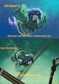 103anon 1girl air_bubble biting black_eyes blue_eyes bubble commentary commentary_request drill_hair drill_sidelocks english_commentary english_text fins frilled_kimono frills green_kimono head_fins highres japanese_clothes kimono kneeless_mermaid medium_hair meme mermaid mixed-language_commentary monster_girl obi obijime open_mouth sash sharp_teeth sidelocks signature smile solo teeth touhou underwater wakasagihime watermark wide_sleeves