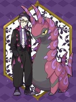 1boy antennae black-framed_eyewear black_hair black_jacket black_pants bug centipede closed_mouth collared_shirt colored_sclera corbeau_(pokemon) eyewear_strap gen_5_pokemon glasses hands_in_pockets highres horns jacket long_sleeves looking_at_viewer mega_stone necktie nintendo open_clothes open_jacket pants parted_hair pokemon pokemon_(creature) pokemon_legends:_z-a purple_hair purple_shirt round_eyewear saki_pokeoekaki scolipede shirt short_hair short_sideburns smile undercut white_necktie yellow_eyes yellow_sclera