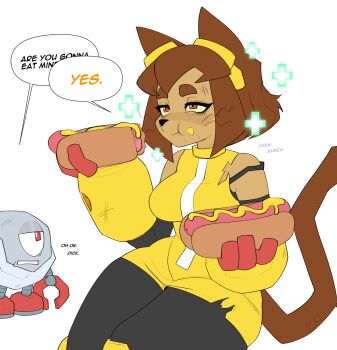 1girl absurdres animal_ears black_pants brown_hair cat_ears cat_girl cat_tail dress eating food furry furry_female gameoverse gameplay_ability gameplay_mechanics gauntlets goggles goggles_on_head healing highres holding holding_food hot_dog hot_dog_bun kaboodle_(gameoverse) kit_bodega mustard notohsoserious pants plus_sign red_eyes simple_background sleeveless tail whiskers white_background yellow_dress yellow_gauntlets