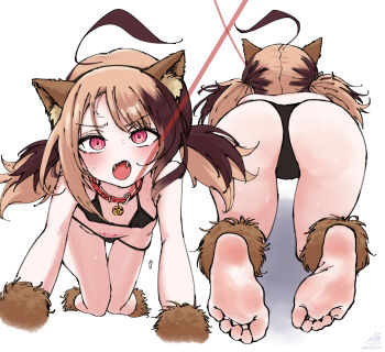 1girl ahoge all_fours alternate_costume animal_ears ass bell bikini black_bikini blonde_hair breasts brown_hair cat_ears collar croo_(croo168) fangs feet gigi_murin highres hololive hololive_english huge_ahoge leash loli multicolored_hair multiple_views neck_bell open_mouth pink_eyes pubic_tattoo red_collar simple_background small_breasts sweatdrop swimsuit tattoo twintails white_background