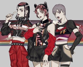 3girls black_nails braid breasts cleavage cleavage_cutout clothing_cutout commentary double_bun dreadlocks ermes_costello foo_fighters_(jojo) hair_bun jojo_no_kimyou_na_bouken kuujou_jolyne long_hair masakenme multicolored_hair multiple_girls short_hair single_braid stone_ocean two-tone_hair