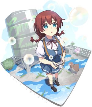 1girl :o alpha_transparency bird black_shoes blue_dress blue_eyes blush_stickers border braid breasts brown_hair brown_ribbon cara_tesoro character_name collared_shirt commentary_request condenser_unit dress dress_shirt emma_verde flower freckles grey_socks large_breasts loafers long_hair love_live! love_live!_nijigasaki_high_school_idol_club love_live!_nijigasaki_high_school_idol_club_the_movie_-_finale low_twin_braids neck_ribbon parted_lips pink_flower pleated_dress puffy_short_sleeves puffy_sleeves purple_dress ribbon shirt shoes short_dress short_sleeves soap_bubbles socks solo song_name transparent_border twin_braids waste-man water_tank white_shirt