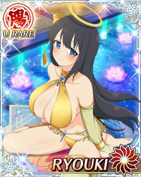 1girl bikini black_hair blue_eyes blush border bow breasts bridal_gauntlets card_(medium) character_name cleavage closed_mouth flower game_cg gold_bikini gold_bow hair_bow halo large_breasts long_hair looking_at_viewer looking_up lotus navel night official_art pink_flower pool ryouki_(senran_kagura) see-through_bridal_gauntlets see-through_clothes see-through_thighhighs senran_kagura senran_kagura_new_wave single_thighhigh sitting skindentation smile solo swimsuit thighhighs traditional_halo very_long_hair wariza