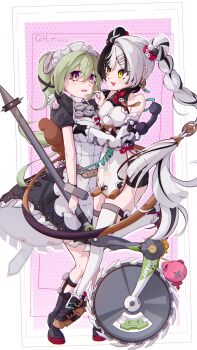 2girls absurdres black_boots black_hair boots braid breasts chinese_commentary circular_saw commentary_request corin_wickes cuffs detached_sleeves dialyn_(zenless_zone_zero) green_hair grey_hair hair_between_eyes highres holding holding_own_hair holding_weapon knee_boots long_hair maid maid_headdress multicolored_hair multiple_girls open_mouth pink_background polka_dot polka_dot_background puffy_short_sleeves puffy_sleeves purple_eyes qihua.ran saw screw_hair_ornament short_sleeves simple_background sleeveless smile split-color_hair thighhighs twin_braids twintails weapon white_sleeves white_thighhighs yellow_eyes zenless_zone_zero