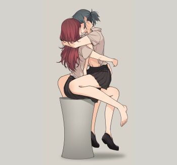 2girls bare_legs barefoot blue_hair convenient_censoring full_body girl_on_top grey_background highres hug implied_kiss loafers long_hair mole mole_on_neck multiple_girls mutual_hug navel neck_hold open_clothes open_shirt pleated_skirt ponytail red_hair shirt shoes short_ponytail short_sleeves simple_background sitting skirt sungwon yuri