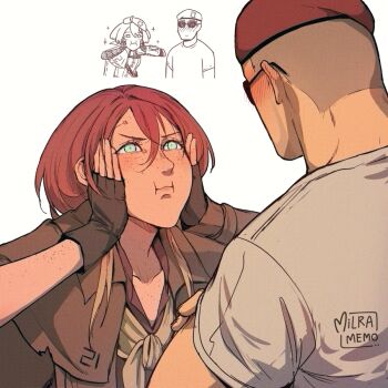 1boy 1girl :t ahoge beret blue_eyes blush brown_gloves brown_hair brown_shoes buzz_cut chibi chibi_inset closed_mouth commentary courier_(fallout:_new_vegas) craig_boone ear_blush english_commentary fallout fallout:_new_vegas fingerless_gloves freckles gloves grey_shirt hair_between_eyes hands_on_own_face hat hetero milramemo noelle_(milramemo) nose_blush red_hat redrawn shirt shoes short_hair short_sleeves signature simple_background sparkle sunglasses v-shaped_eyebrows very_short_hair wavy_mouth white_background