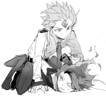 2boys alternate_costume bad_id bad_twitter_id belt boy_on_top collared_shirt commentary contemporary cookie_run fire_spirit_cookie flaming_eye forehead_jewel gloves humanization inactive_account jitome k3vccitq male_focus monochrome multiple_boys necktie one_eye_closed painttool_sai_(medium) pants pointy_ears police police_uniform policeman shirt short_hair sketch white_background wind_archer_cookie yaoi