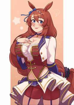 1girl animal_ears blue_bow blue_choker blue_eyes blush bodice bow braid breasts brown_hair choker cleavage closed_mouth collarbone corset cropped_jacket deliciousbrain ear_bow garter_straps hair_between_eyes highres horse_ears horse_girl horse_tail jacket large_breasts long_hair long_sleeves looking_at_viewer makeup midriff multicolored_hair official_alternate_costume overskirt pendant_choker pink_lips purple_choker purple_garter_straps red_corset red_shorts shirt shorts skirt smile solo star_(symbol) starting_future_(umamusume) streaked_hair super_creek_(umamusume) tail tail_scrunchie umamusume very_long_hair white_hair white_jacket white_shirt white_skirt wristband