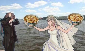 Rule 34 | 2girls, :d, bare shoulders, black hair, black jacket, black pants, black vest, black vs white, blue sky, blush, bowl, breasts, bride, ceras yanagida lilienfeld, cleavage, clenched teeth, clutching head, collared shirt, commentary, day, dress, female focus, food, grey hair, groom, gyuudon, hair ribbon, holding, holding bowl, holding food, jacket, katsuragi izumi, large breasts, link! like! love live!, long hair, long veil, love live!, multiple girls, open clothes, open jacket, open mouth, outdoors, pants, photo-referenced, photo background, pink ribbon, ribbon, shirt, sky, smile, strapless, strapless dress, symbol-only commentary, teeth, tuxedo, veil, vest, virtual youtuber, wedding dress, white dress, white shirt, white veil, wife and wife, yrxy settingsun, yuri