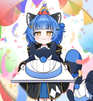 Rule 34 | 1girl, ahoge, animal ear fluff, animal ears, balloon, black cloak, blue hair, blue skirt, blunt bangs, blush, bright pupils, character-themed food, chromashift, cloak, closed mouth, commentary, confetti, cowboy shot, dot nose, drooling, empty eyes, english commentary, eyelashes, fandit (poko rakun), fingernails, grin, hair bun, hair ornament, hairclip, hat, heart, heart ahoge, highres, holding, holding tray, hood, hood down, hooded cloak, leaf hair ornament, long sleeves, open cloak, open clothes, party hat, poko rakun, poko rakun (1st costume), raccoon ears, raccoon girl, raccoon tail, saliva, short hair, single side bun, skirt, smile, tail, teeth, tensutensu, tray, v-shaped eyes, virtual youtuber, white pupils, yellow eyes