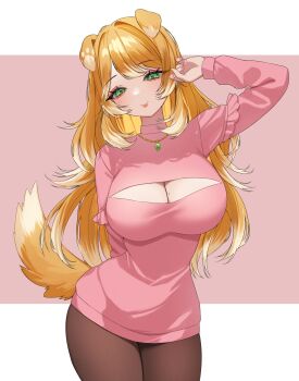 1girl animal_ears blonde_hair bonnie_barkswell breasts cleavage closed_mouth colored_tips commentary cosplay dog_ears dog_girl dog_tail english_commentary green_eyes highres indie_virtual_youtuber jewelry lips long_hair long_sleeves moka_(one_iced_latte_with_your_breast_milk_please!) moka_(one_iced_latte_with_your_breast_milk_please!)_(cosplay) mole mole_on_breast multicolored_hair necklace nemuaki one_iced_latte_with_your_breast_milk_please! pantyhose pink_nails pink_sweater second-party_source smile solo sweater tail virtual_youtuber white_hair