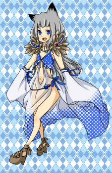 Rule 34 | 1girl, animal ears, argyle background, blue background, blue dress, blue eyes, blunt bangs, blush, brown sandals, commentary request, dress, fox ears, fox girl, full body, fur collar, grey hair, long hair, looking at viewer, meiko (nattu303), navel, open mouth, platform sandals, ragnarok online, sandals, short bangs, sleeveless, sleeveless dress, smile, solo, sorcerer (ragnarok online), white dress