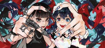 Rule 34 | 2girls, black bodysuit, black eyes, black hair, black nails, blue eyes, blue hair, blue nails, blunt bangs, bodysuit, bridge piercing, chain, chain necklace, commentary, double-parted bangs, ear piercing, face piercing, fingernails, gem-studded nails, heart, heart hands, heart hands duo, highres, horizontal pupils, jewelry, looking at viewer, mismatched pupils, multiple girls, multiple rings, nail art, nail polish, necklace, original, parted lips, piercing, red pupils, ring, sleeveless, smile, spiked wristband, symbol-shaped pupils, upper body, x-shaped pupils, yeougui, yuan (yeougui), yuki (yeougui)