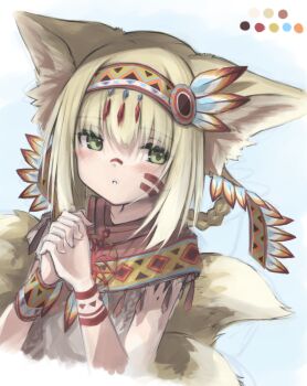 1girl absurdres alternate_costume animal_ears arknights blonde_hair blue_background blush braid color_guide commentary_request cropped_torso facial_mark feather_hair_ornament feathers green_eyes hair_ornament hairband highres interlocked_fingers looking_at_viewer multicolored_hairband multiple_tails native_american_clothes own_hands_clasped own_hands_together parted_lips partial_commentary semi_colon short_hair sketch solo suzuran_(arknights) tail yellow_tail