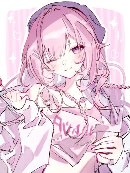 1girl ;) blue_hat breasts candy clothes_writing commentary_request crop_top cup cyrene_(demiurge)_(honkai:_star_rail) cyrene_(honkai:_star_rail) cyrene_(nylon_japan)_(honkai:_star_rail) diamond-shaped_pupils diamond_(shape) disposable_cup food hat highres holding holding_candy holding_cup holding_food holding_lollipop honkai:_star_rail honkai_(series) jacket lollipop long_hair looking_at_viewer medium_breasts medium_hair nani_miteru0 official_alternate_costume one_eye_closed pink_background pink_hair pointy_ears purple_eyes smile solo symbol-shaped_pupils very_long_hair white_jacket