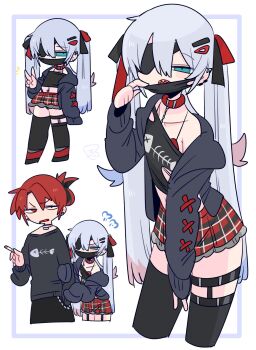 1boy 2boys :o armpit_crease asymmetrical_legwear bare_shoulders black_bow black_mask black_panties black_pants black_shirt black_thighhighs black_tube_top blue_eyes blue_hair blush bow bulge cardigan cigarette clothes_grab collar collarbone colored_tips commentary covered_mouth cowboy_shot crossdressing crossdressing_(mtf) double-parted_bangs ear_piercing eyepatch fang fangs fish_skeleton fish_skeleton_print flipped_hair full_body furrowed_brow grabbing_another&#039;s_arm grey_cardigan hair_between_eyes hair_bow hair_ornament hairclip hand_up highleg highleg_panties highres holding holding_cigarette long_hair long_sleeves looking_at_viewer male_focus mask midriff miniskirt mismatched_pupils mouth_mask multicolored_bow multicolored_hair multiple_boys multiple_views narrowed_eyes navel navel_piercing no_nose off_shoulder one_eye_covered op_na_yarou open_cardigan open_clothes open_mouth original panties pants panty_straps piercing plaid_clothes plaid_skirt print_shirt puff_of_air quad_tails red_bow red_collar red_hair rigel_(op_na_yarou) shirt short_hair sidelocks simple_background skirt sleeves_past_fingers sleeves_past_wrists standing straight_hair strapless thigh_strap thighhighs thighs trap tube_top underwear uneven_legwear v v-shaped_eyebrows very_long_hair watermark white_background white_hair
