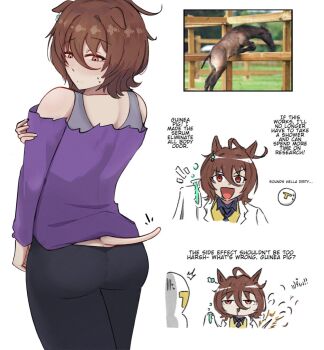 1boy 1girl agnes_tachyon_(casual)_(umamusume) agnes_tachyon_(tach-nology)_(umamusume) agnes_tachyon_(umamusume) ahoge animal_ears black_pants bra_strap brown_hair casual closed_mouth coat earrings english_text hair_between_eyes holding holding_test_tube horse_ears horse_girl horse_tail huge_ahoge jewelry johnholl0w lab_coat long_sleeves medium_hair necktie off-shoulder_shirt off-shoulder_sweater off_shoulder open_mouth pants photo_inset purple_shirt purple_sweater red_eyes reference_photo shirt short_necktie single_earring sleeves_past_fingers sleeves_past_wrists smile sweat sweater t-head_trainer_(umamusume) tail test_tube trainer_(umamusume) umamusume white_coat wolf_cut yellow_sweater