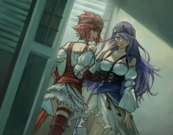 2girls :d :o bare_shoulders breasts camilla_(fire_emblem) camilla_(pirate)_(fire_emblem) dress fire_emblem fire_emblem_fates fire_emblem_heroes gloves hair_over_one_eye highres hinoka_(fire_emblem) hinoka_(pirate)_(fire_emblem) imageprogram_(kent) long_hair looking_at_viewer looking_back medium_breasts multiple_girls nintendo official_alternate_costume open_mouth pirate purple_eyes purple_hair red_eyes red_hair short_hair smile white_dress