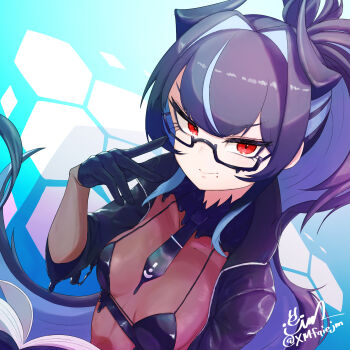 1girl bahamut_(nikke) bikini black_bikini black_gloves black_hair black_jacket black_liquid black_necktie blunt_bangs bodystocking book breasts closed_mouth commentary_request covered_collarbone cropped_jacket from_above glasses gloves goddess_of_victory:_nikke grey_hair hair_between_eyes hair_intakes hand_up highres horns iejima_(xmfqiejm) jacket latex_bikini liquid_clothes long_hair looking_at_viewer medium_breasts mole mole_under_mouth multicolored_hair necktie open_book open_clothes open_jacket ponytail red_eyes see-through_cleavage see-through_clothes short_necktie short_sleeves sidelocks signature smile solo standing swimsuit twitter_username underbust upper_body very_long_hair