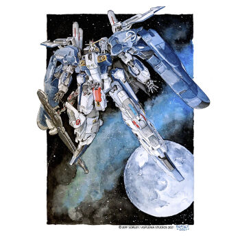 2021 artist_name beam_rifle commentary copyright_notice crater dated earth_federation energy_gun english_commentary ex-s_gundam gundam gundam_sentinel jeff_sorley mecha mecha_focus mobile_suit moon nebula no_humans painting_(medium) robot scan science_fiction solo space star_(symbol) traditional_media v-fin watercolor_(medium) weapon zero_gravity