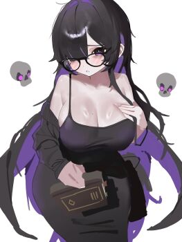 1girl 570_ml black-framed_eyewear black_cardigan black_dress black_hair blush breasts cardigan cleavage collared_shirt colored_inner_hair dress glasses goddess_of_victory:_nikke hair_between_eyes hair_over_one_eye hashtag-only_commentary highres label_(nikke) large_breasts long_hair looking_at_viewer mole mole_on_breast multicolored_hair one_eye_covered parted_lips purple_eyes purple_hair shirt simple_background solo very_long_hair white_background