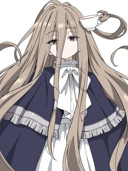 1girl blue_dress bow bowtie brown_hair closed_mouth commentary_request cup dot_nose double-parted_bangs dress hair_between_eyes highres holding holding_cup holding_with_hair long_hair long_hair_between_eyes looking_at_viewer niyane prehensile_hair red_eyes sense_(sousou_no_frieren) simple_background solo sousou_no_frieren teacup upper_body very_long_hair white_background white_bow white_bowtie