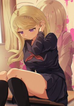 1girl absurdres ahoge akamatsu_kaede black_sailor_collar black_serafuku black_shirt black_skirt blonde_hair breasts commentary_request danganronpa_(series) danganronpa_v3:_killing_harmony different_reflection fortissimo hair_ornament highres large_breasts long_hair long_sleeves musical_note musical_note_hair_ornament nanafuku neckerchief official_alternate_costume pleated_skirt red_neckerchief reflection sailor_collar school_uniform serafuku shirt skirt