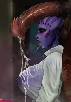 1boy 1girl alien asari_(mass_effect) breasts closed_eyes collared_shirt colored_skin cum cum_on_body cum_on_breasts cum_on_upper_body from_side highres huge_breasts mass_effect_(series) nyuunzi open_mouth penis penis_on_head purple_skin see-through_clothes see-through_shirt shirt white_shirt