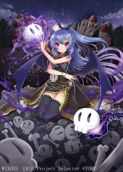 1girl black_dress black_sky black_thighhighs blue_hair closed_mouth copyright_notice demon_girl demon_wings dress gradient_hair hair_ornament hairpin kei_s01 long_hair looking_at_viewer multicolored_hair night night_sky official_art purple_hair red_eyes sky smile solo soyuragi_(wixoss) star_(sky) starry_sky thighhighs very_long_hair wings wixoss
