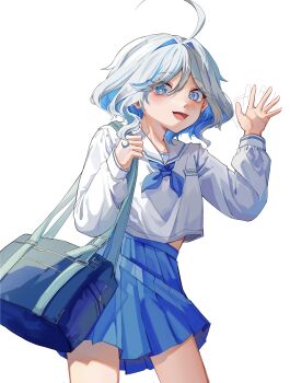 Rule 34 | 1girl, absurdres, ahoge, bag, blue eyes, blue hair, blue skirt, blver, colored inner hair, furina (genshin impact), genshin impact, grey hair, highres, holding, holding bag, long sleeves, looking at viewer, medium hair, midriff peek, mismatched pupils, multicolored hair, sailor collar, school uniform, serafuku, shirt, shoulder bag, skirt, smile, solo, waving, white background, white shirt