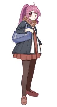 Rule 34 | 1girl, ahoge, bag, black jacket, black pantyhose, blue bag, brown shoes, checkered clothes, checkered scarf, commentary, dress, full body, hair intakes, highres, invisible floor, jacket, keibi inu, light frown, long hair, looking at viewer, nanamori school uniform, pantyhose, pleated dress, ponytail, purple eyes, purple hair, red dress, scarf, school bag, school uniform, shirt, shoes, short dress, simple background, solo, standing, sugiura ayano, tareme, white background, white shirt, yuruyuri