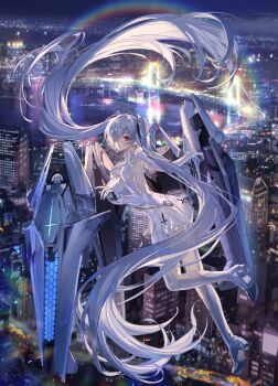 1girl ass bodysuit building cinderella_(nikke) city city_lights cityscape cross flying goddess_of_victory:_nikke hair_over_one_eye highres inverted_cross long_hair night night_sky official_art one_eye_covered see-through_clothes see-through_skirt skirt sky solo twintails very_long_hair